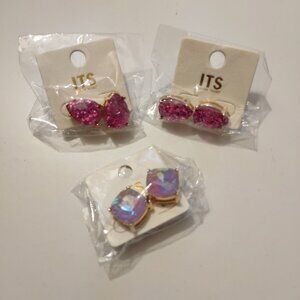 ITS Gold Clip-On Earrings With Pink & Iridescent Stones-SET OF 3-NEW